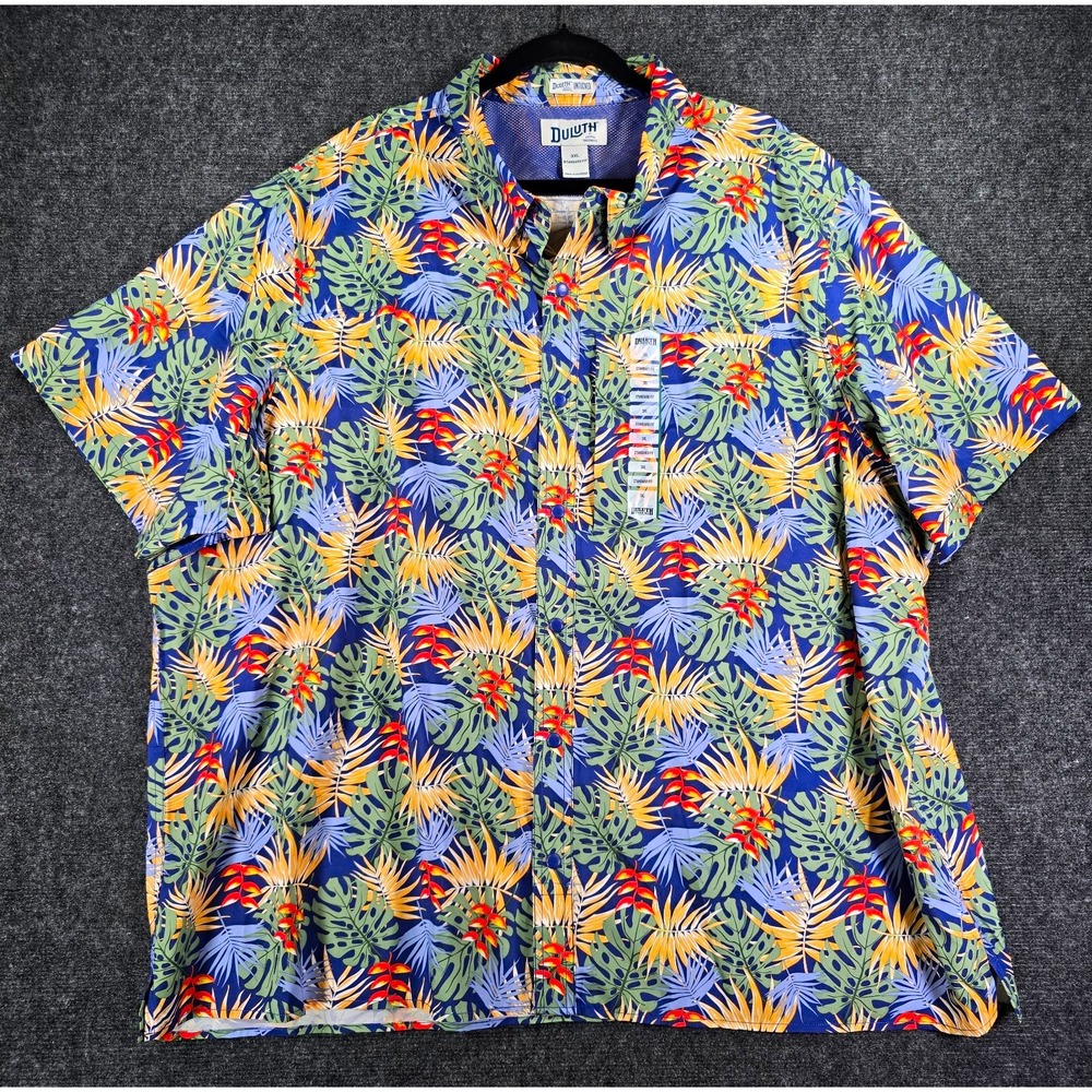 Duluth Trading Co Mens 3XL Big & Tall Blue Floral Tropical Button Up Shirt